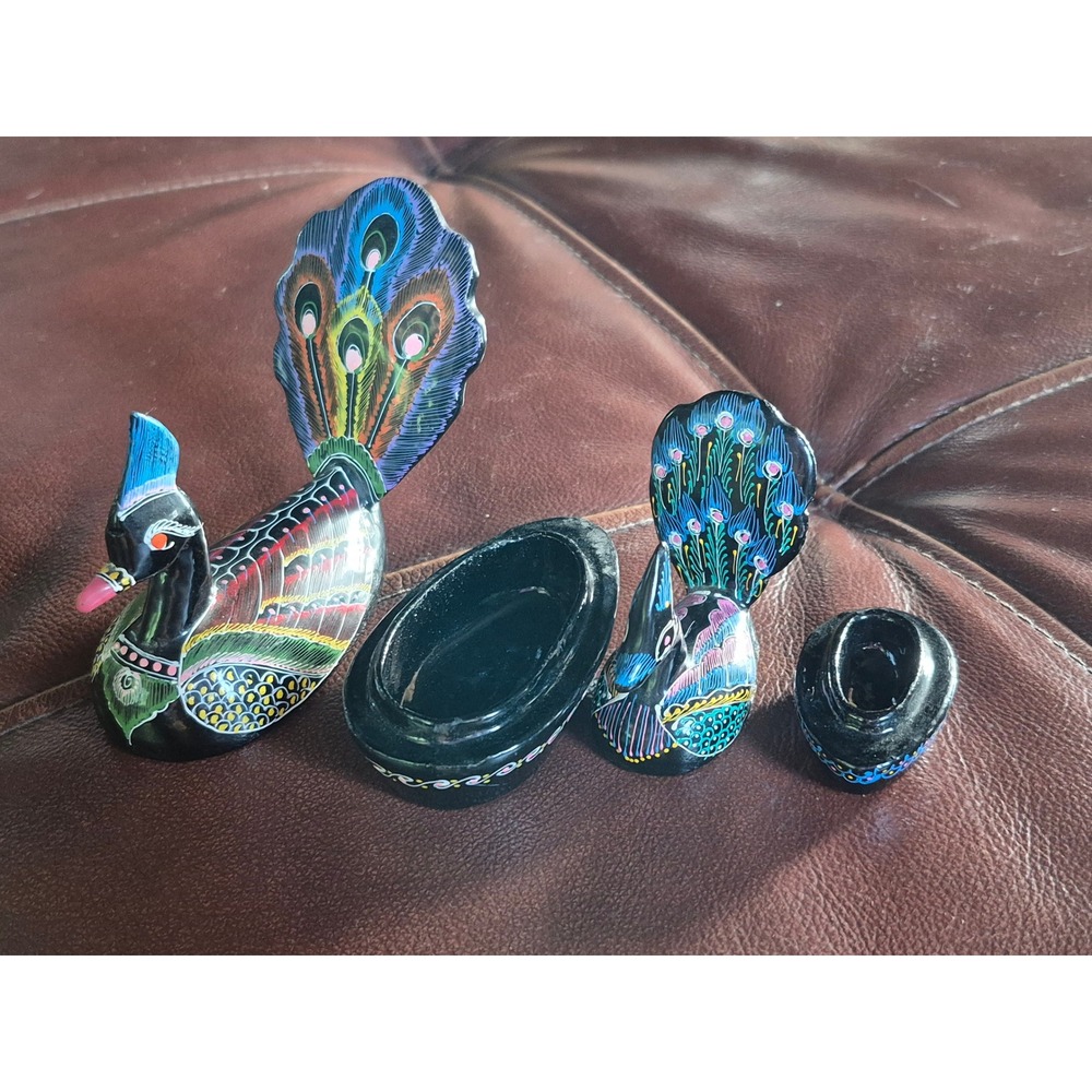 Vintage Carved Wood Peacock Trinket Boxes Mom Baby Hand‎ Painted Folk Art Set